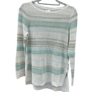 Chicos Open Knit Sweater Womens Size 1 Medium Striped Lightweight Pullover